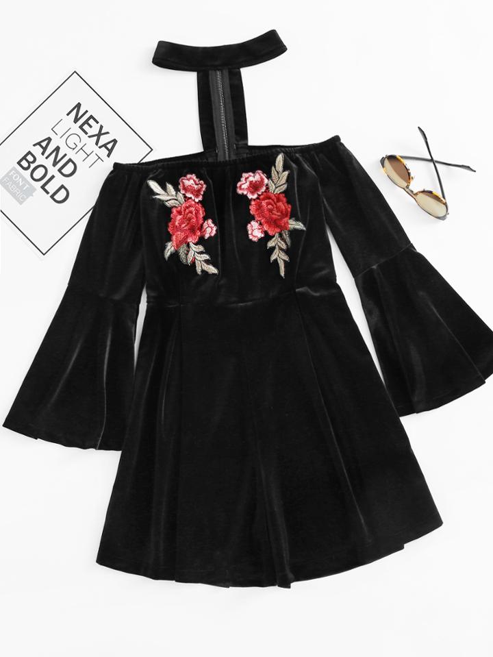 Romwe Fluted Sleeve Rose Embroidered Applique Velvet Romper