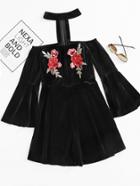 Romwe Fluted Sleeve Rose Embroidered Applique Velvet Romper