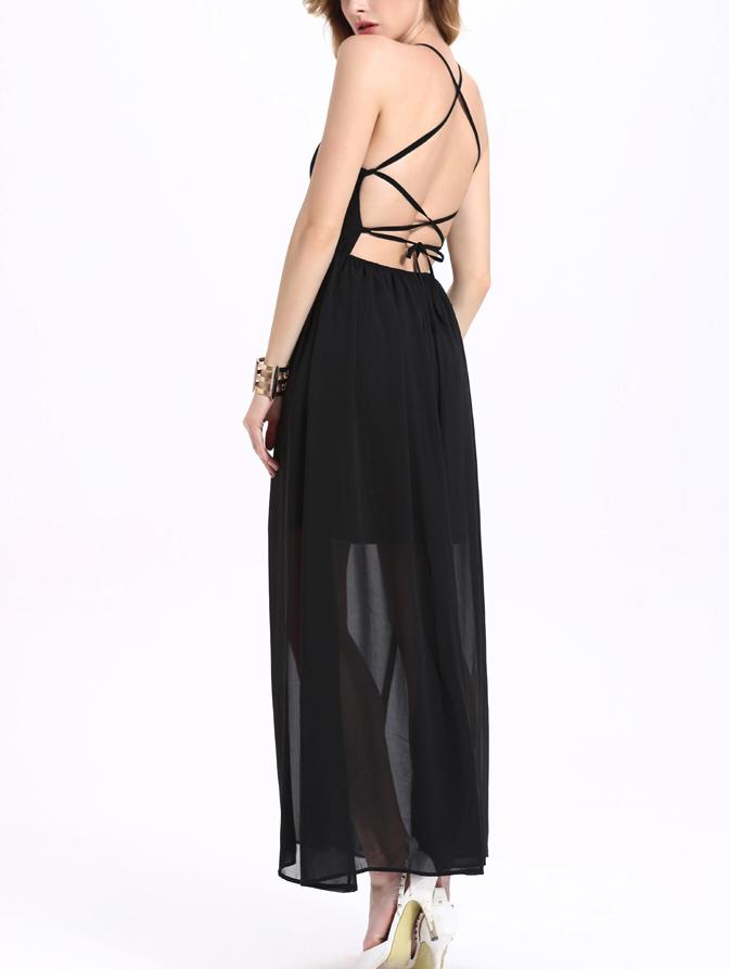 Romwe Crisscross Back Layered Chiffon Cami Dress