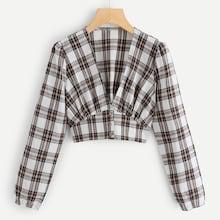 Romwe Plunging Neck Plaid Crop Blouse