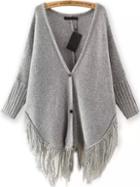 Romwe Grey V Neck Buttons Knit Tassel Cardigan