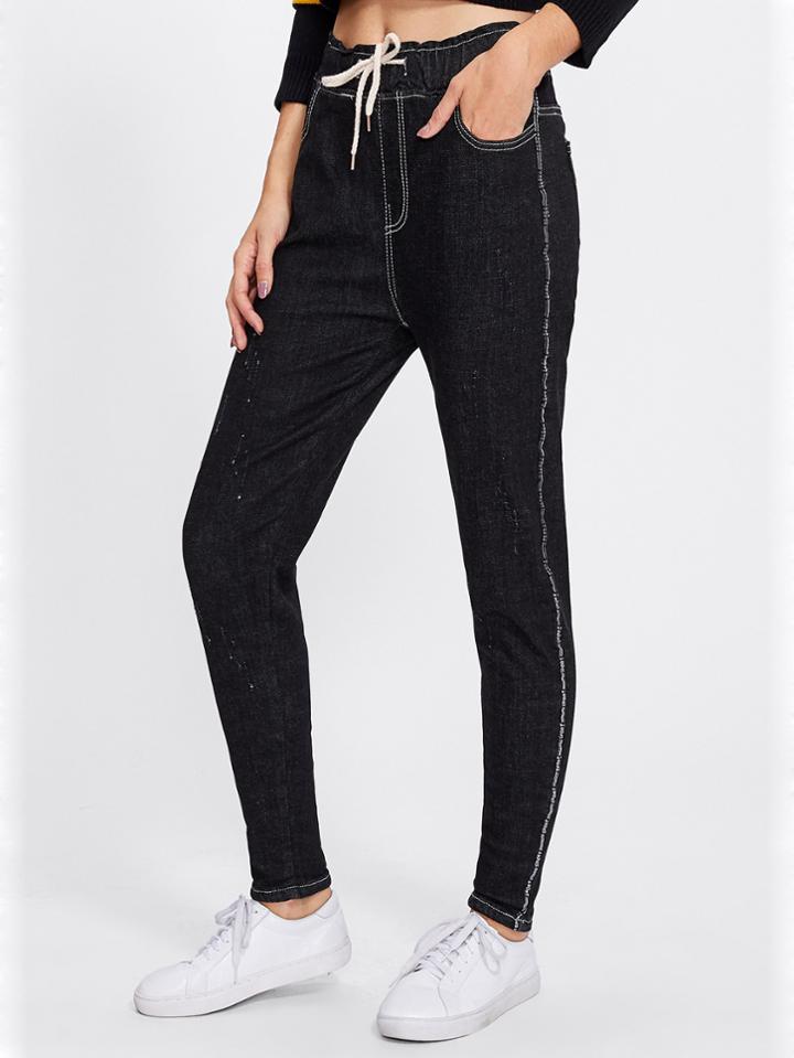 Romwe Stitch Detail Drawstring Waist Jeans