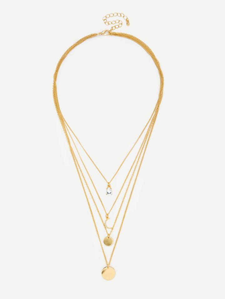 Romwe Moon & Round Pendant Layered Chain Necklace