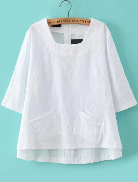 Romwe Square Neck Dip Hem With Pockets White Top