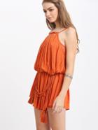 Romwe Orange Sleeveless Pleated Tassel Jumpsuit