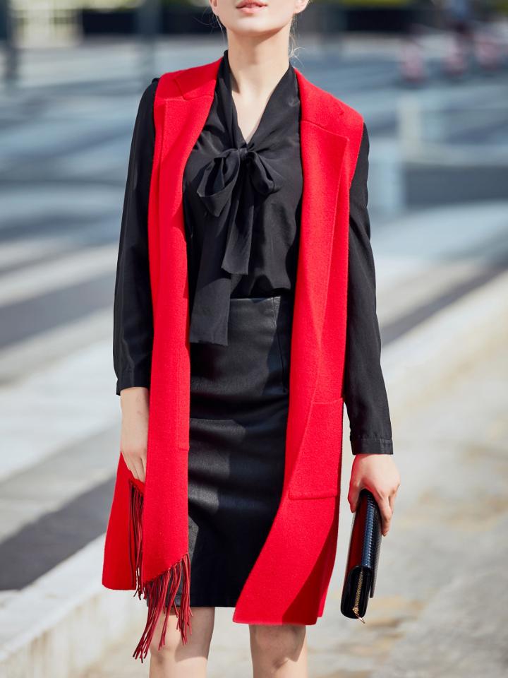 Romwe Red Knit Pockets Tassel Cardigan