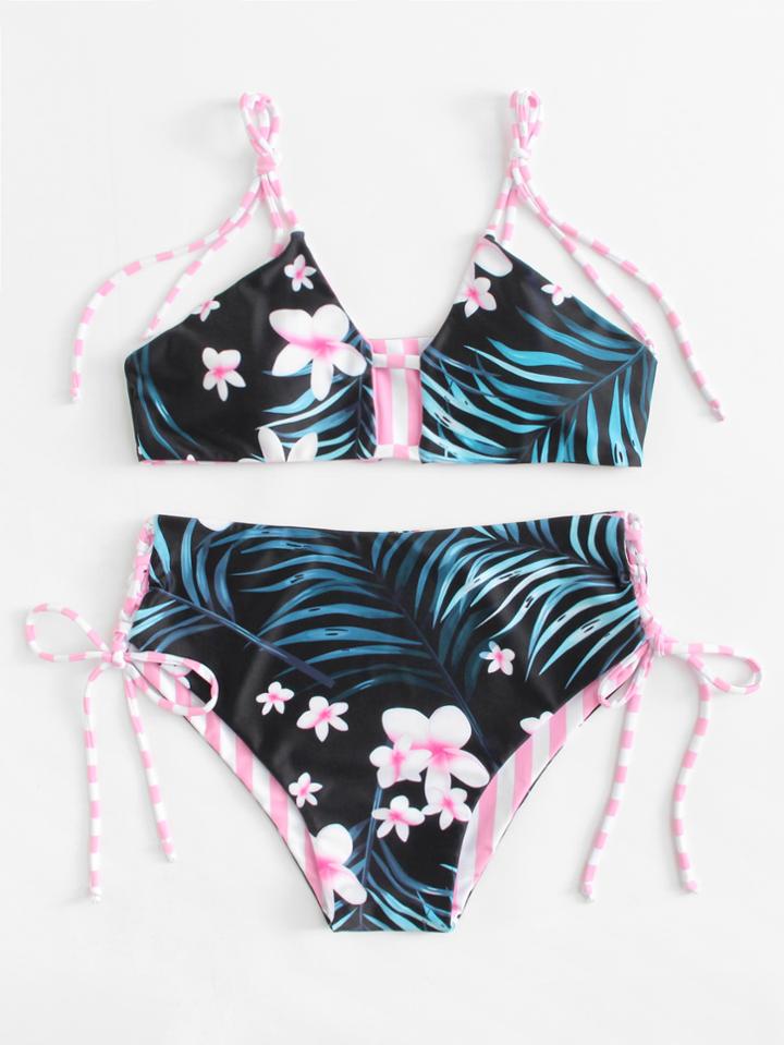 Romwe Lace Up Tropical Bikini Set