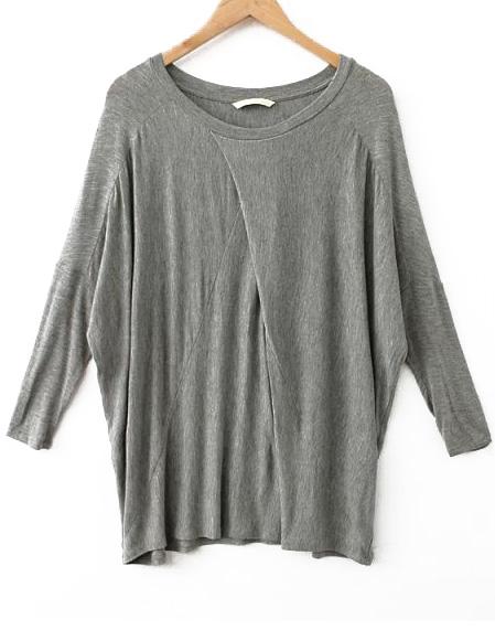 Romwe Round Neck Loose Pleated Grey T-shirt