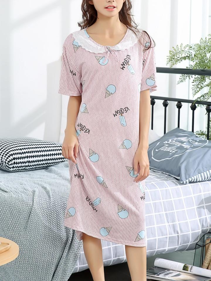 Romwe Ice Cream Print Striped Night Dress