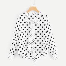 Romwe Polka Dot Tie Neck Dip Hem Blouse