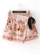 Romwe Tie Waist Rivet Detail Embroidery Skirt Shorts