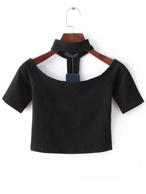 Romwe Black Cutout Choker Neck Crop T-shirt