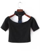 Romwe Black Cutout Choker Neck Crop T-shirt