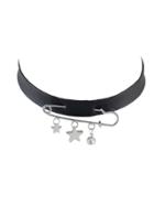 Romwe Silver Color Trendy Rhinestone Star Black Big Leather Choker Necklace