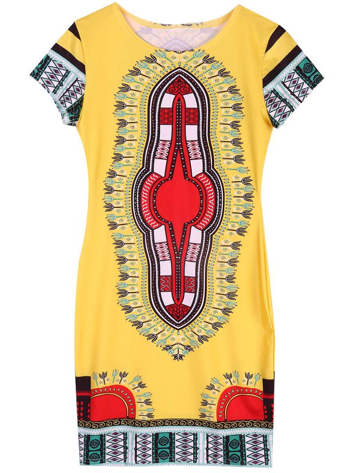 Romwe Yellow Geometric Print Short Dress