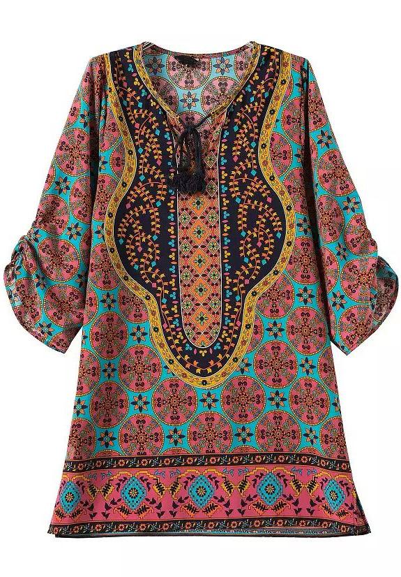 Romwe Red Blue Knotted Collar Baroque Loose Dress