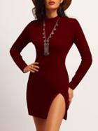 Romwe Red Long Sleeve Lace Hem Slim Dress