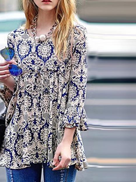 Romwe Bell Sleeve Flower Print Slim Blouse