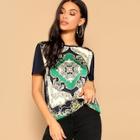 Romwe Scarf Print Mixed Media Top