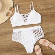 Romwe Fishnet Overlay High Waist Bikini Set