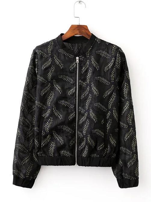 Romwe Black Elastic Cuff Embroidery Pocket Jacket