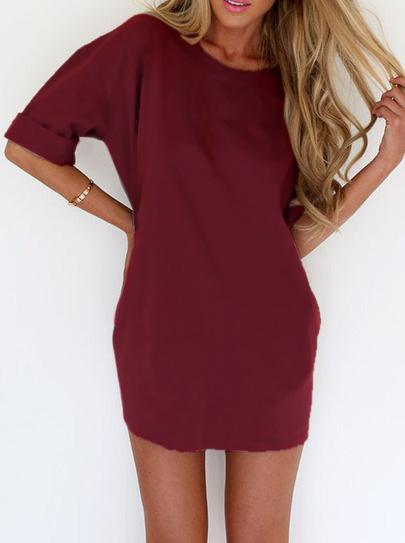 Romwe Wine Red Round Neck Slim Bodycon Dress