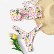 Romwe Random Lemon & Gingham Bandeau With High Cut Bikini