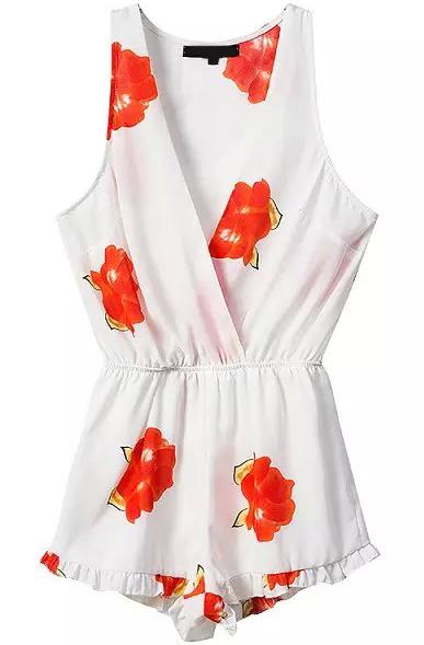 Romwe Deep V Neck Sleeveless Florals Orange Jumpsuit