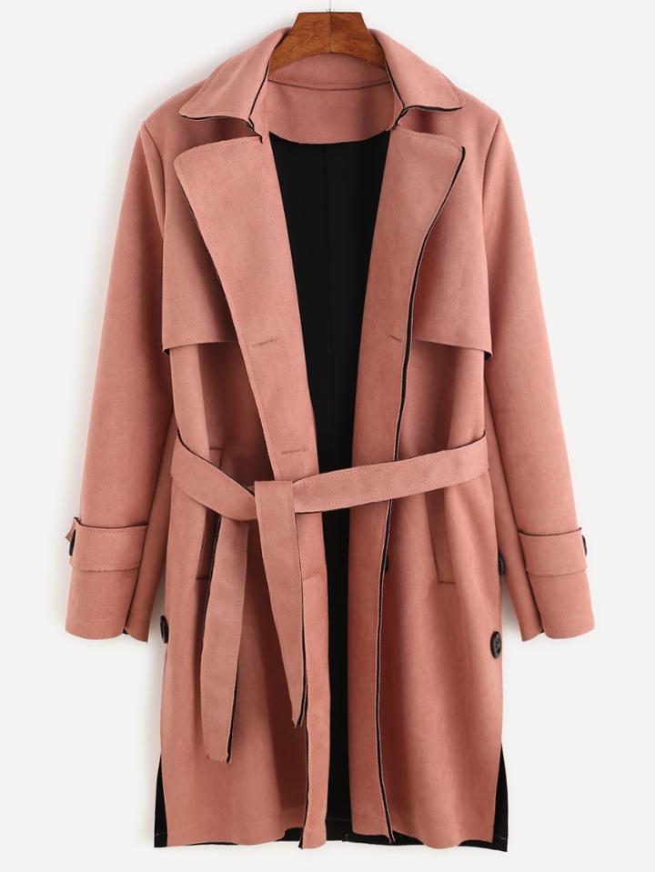 Romwe Pink Slit Side Trench Coat With Belt