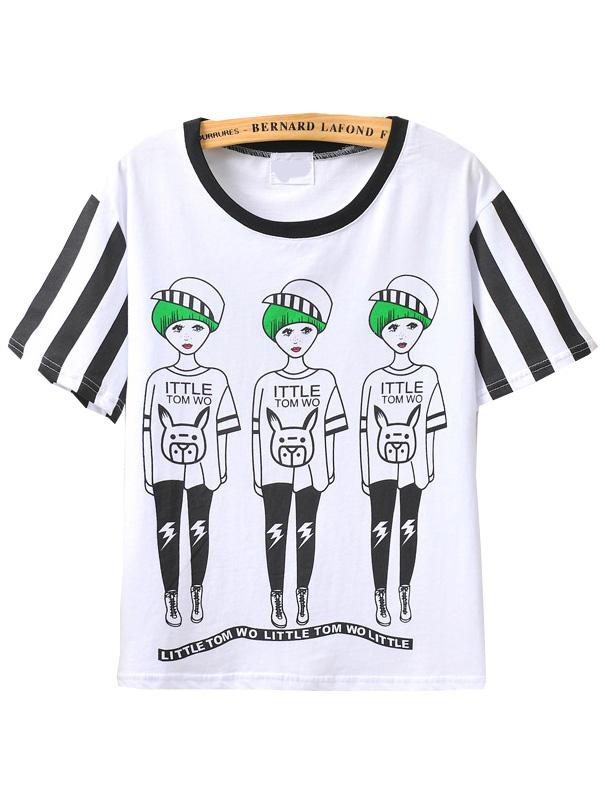 Romwe Striped Portrait Print White T-shirt