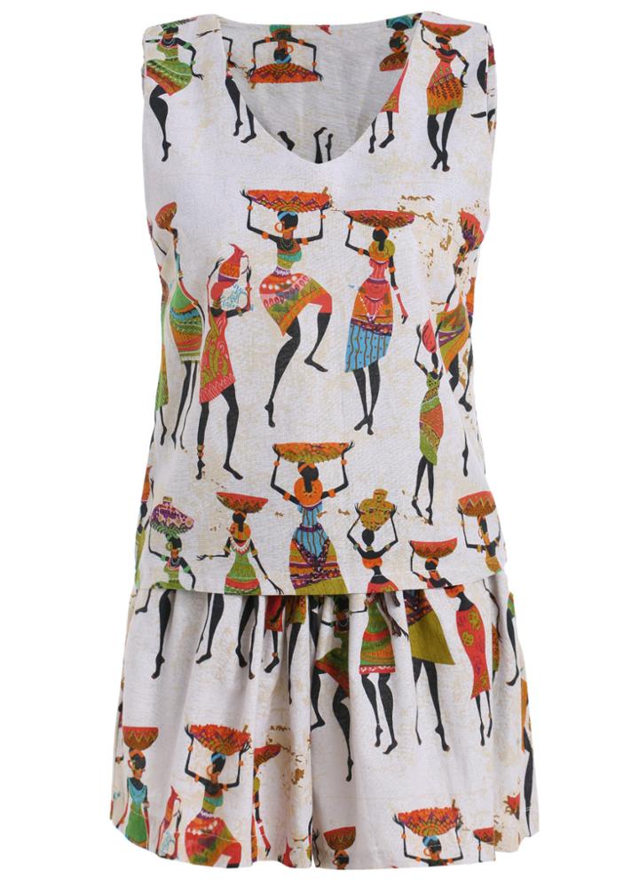 Romwe V Neck Sleeveless Tank Top With Egypt Print Shorts