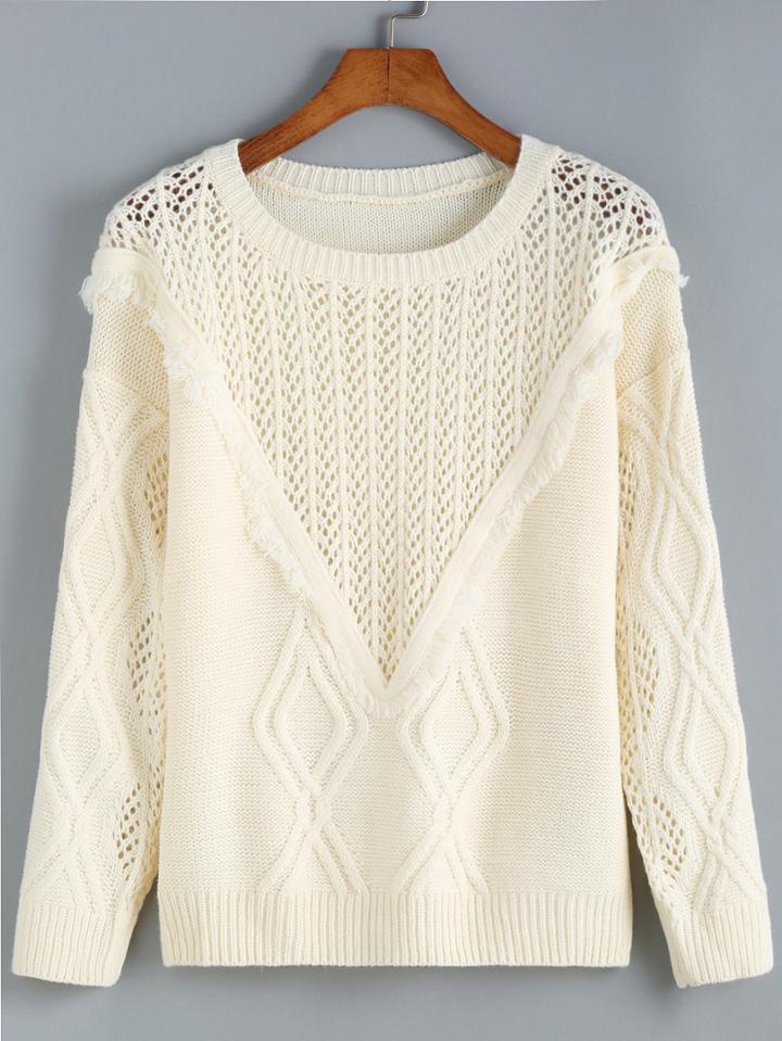 Romwe Round Neck Hollow Frayed Sweater