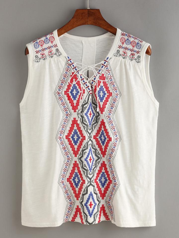 Romwe Embroidery Lace-up Tank Top
