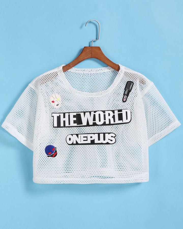 Romwe Hollow Letter Patch Crop Top
