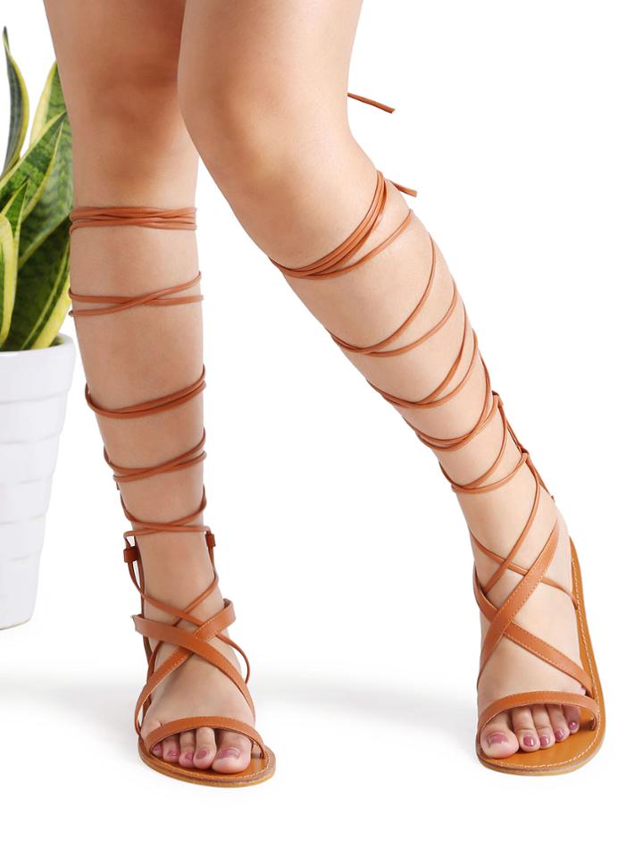 Romwe Brown Back Zipper Pu Gladiator Sandals