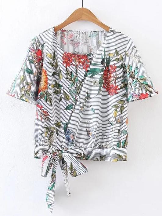 Romwe Short Sleeve Floral Tie Waist Top