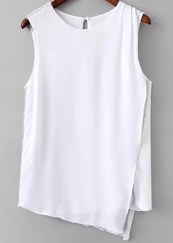 Romwe White Sleeveless Bead Asymmetrical Blouse