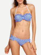 Romwe Striped Ruffle Trimmed Bikini Set