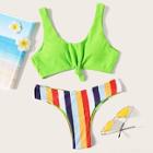 Romwe Neon Lime Knot Front Top With Striped Bikini Set
