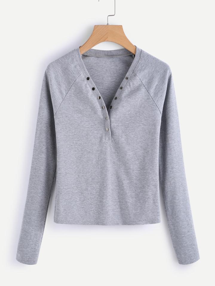 Romwe Heather Knit Press Button Plunge Neck Tee