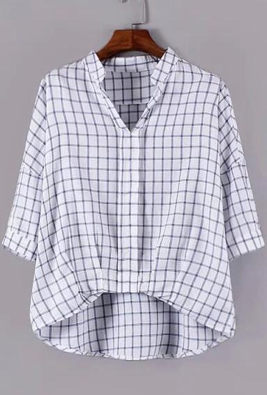 Romwe Stand Collar Dip Hem Plaid Blouse