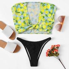 Romwe Random Lemon Print Twist Two Piece Swimwear