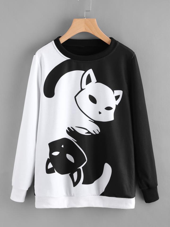 Romwe Contrast Cat Print Pullover