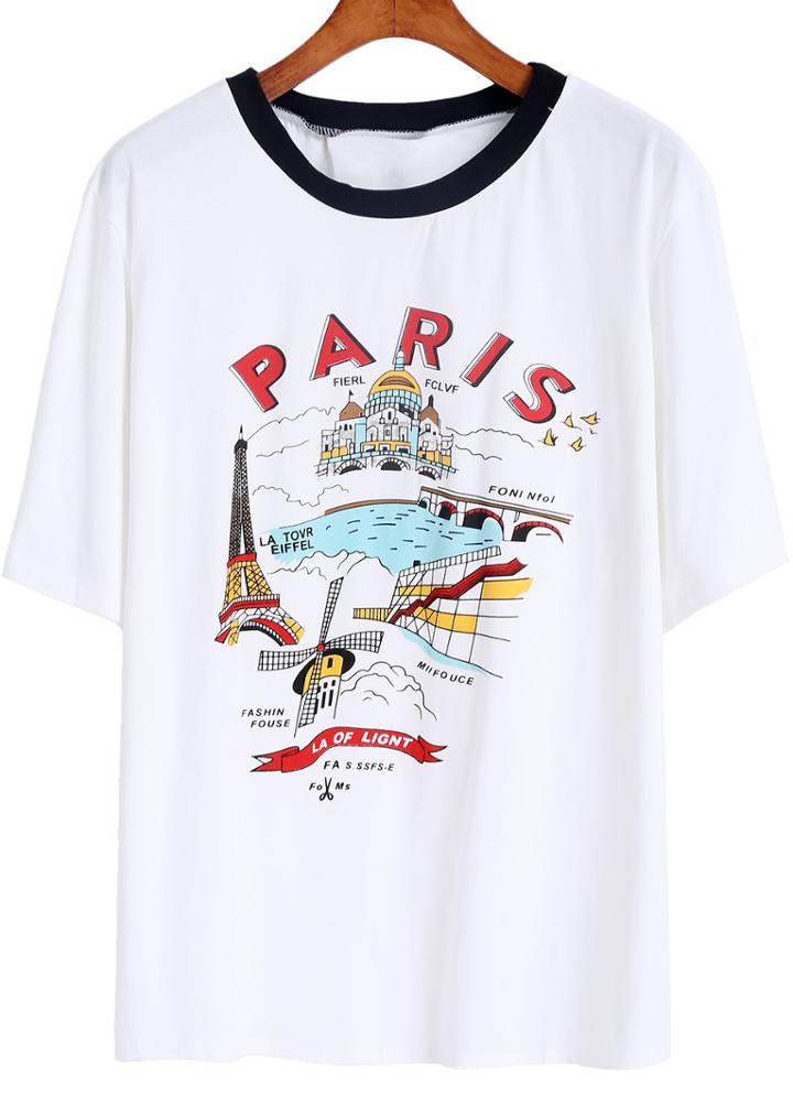 Romwe White Short Sleeve Paris Building Print T-shirt