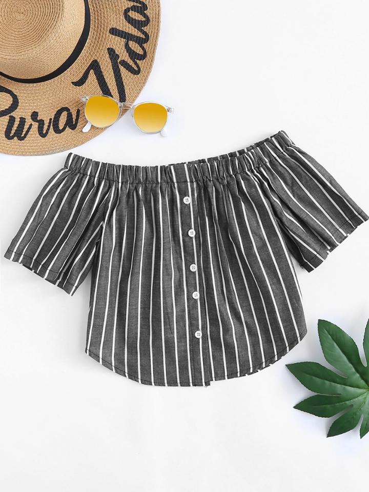 Romwe Off Shoulder Striped Blouse