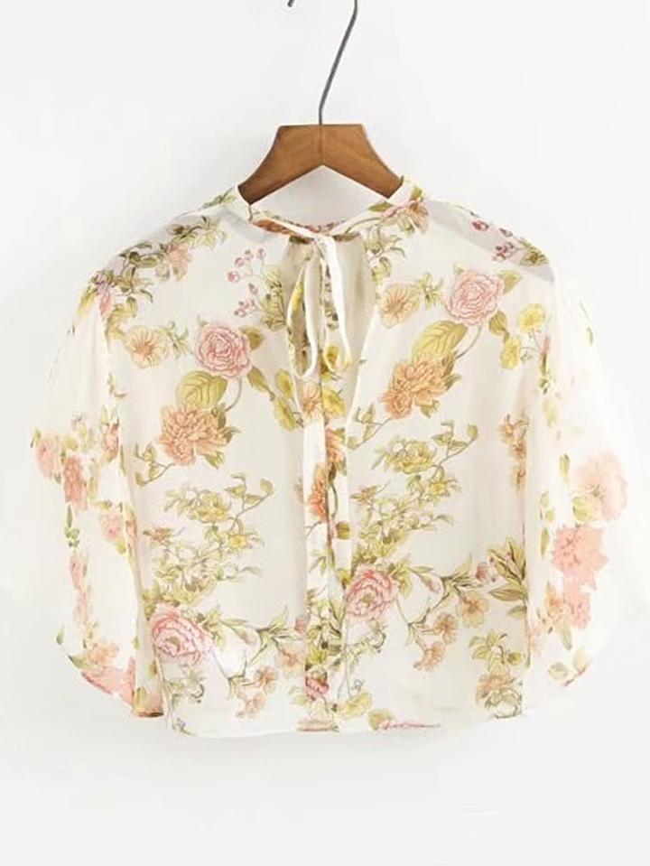 Romwe Tie Neck Floral Print Chiffon Top