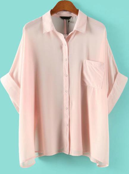 Romwe Pink Lapel Batwing Sleeve Pocket Blouse