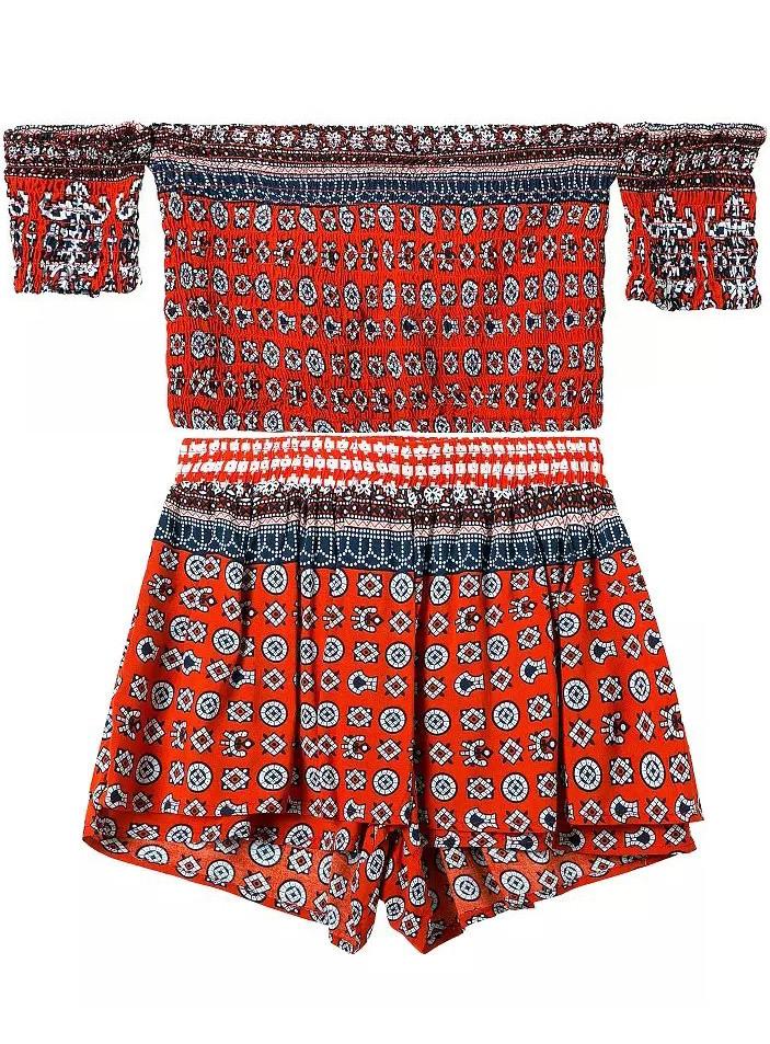 Romwe Off The Shoulder Crop Top With Geometric Print Orange Shorts
