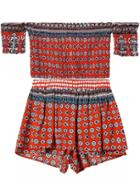 Romwe Off The Shoulder Crop Top With Geometric Print Orange Shorts