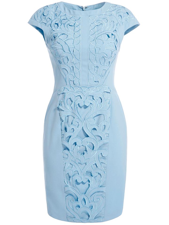 Romwe Blue Round Neck Cap Sleeve Embroidered Hollow Dress